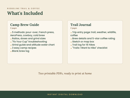 Camp Coffee Printable Bundle | Brew Guide + Hiking Trail Journal