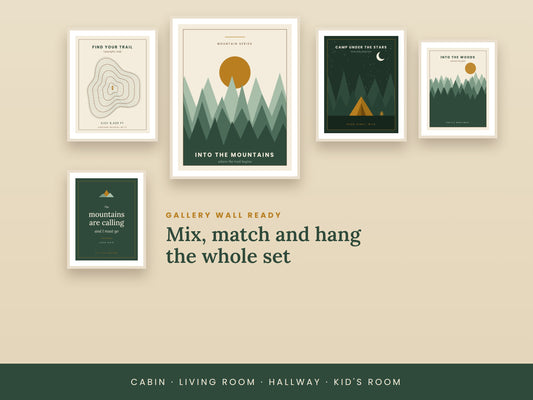 Mountain Wall Art Set of 5 | Printable Camping & Cabin Prints