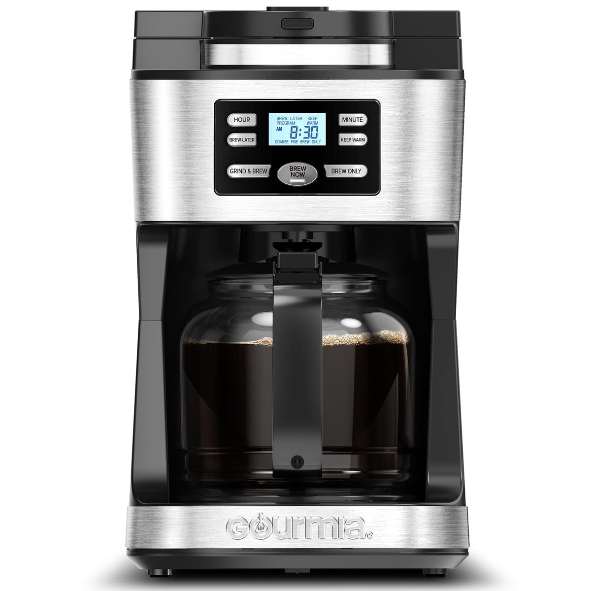 Gourmia Digital Coffee Machine 12Cup FullyAutomatic Large coffee maker integrated CoffeeGrinderPotstainless steel mesh coffee filter 4Hr KeepWarm and Freshness Indicator GCM3180Black and Silver