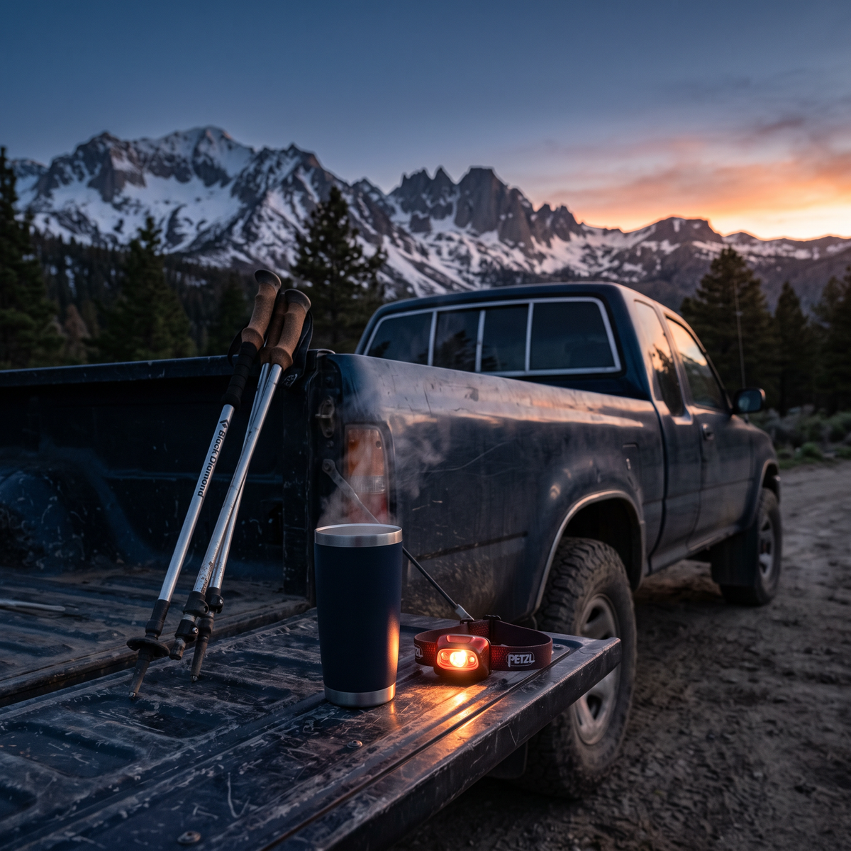 Travel mug of coffee and a headlamp on a tailgate before an alpine start