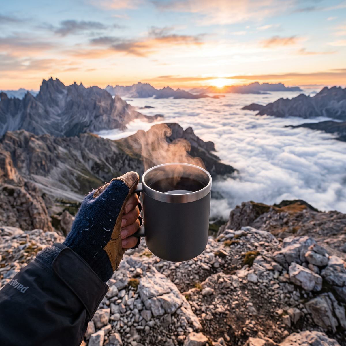 Hiker holding a mug of black coffee on a summit above the clouds