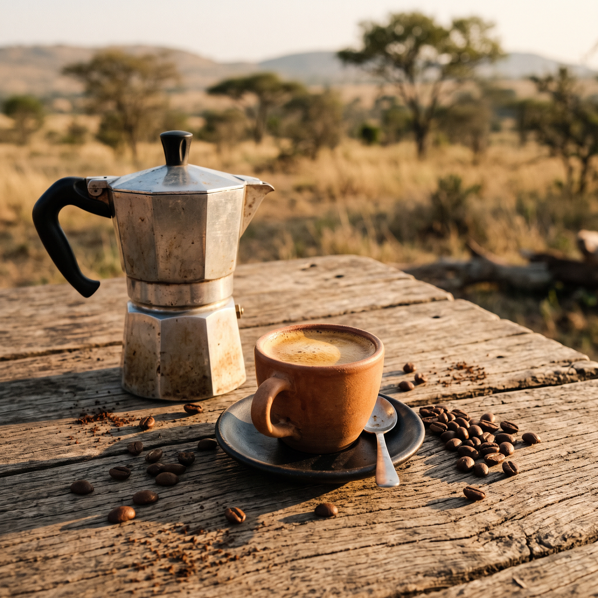 Espresso with crema beside a stovetop moka pot on a camp table