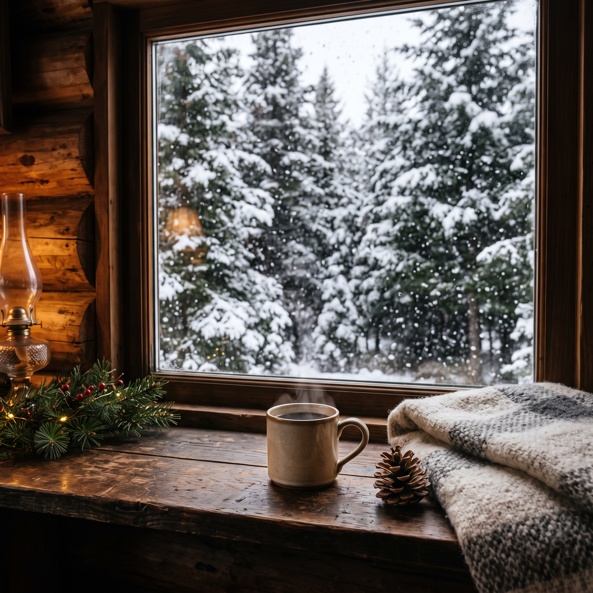 Steaming mug of coffee on a cabin windowsill during a snowfall