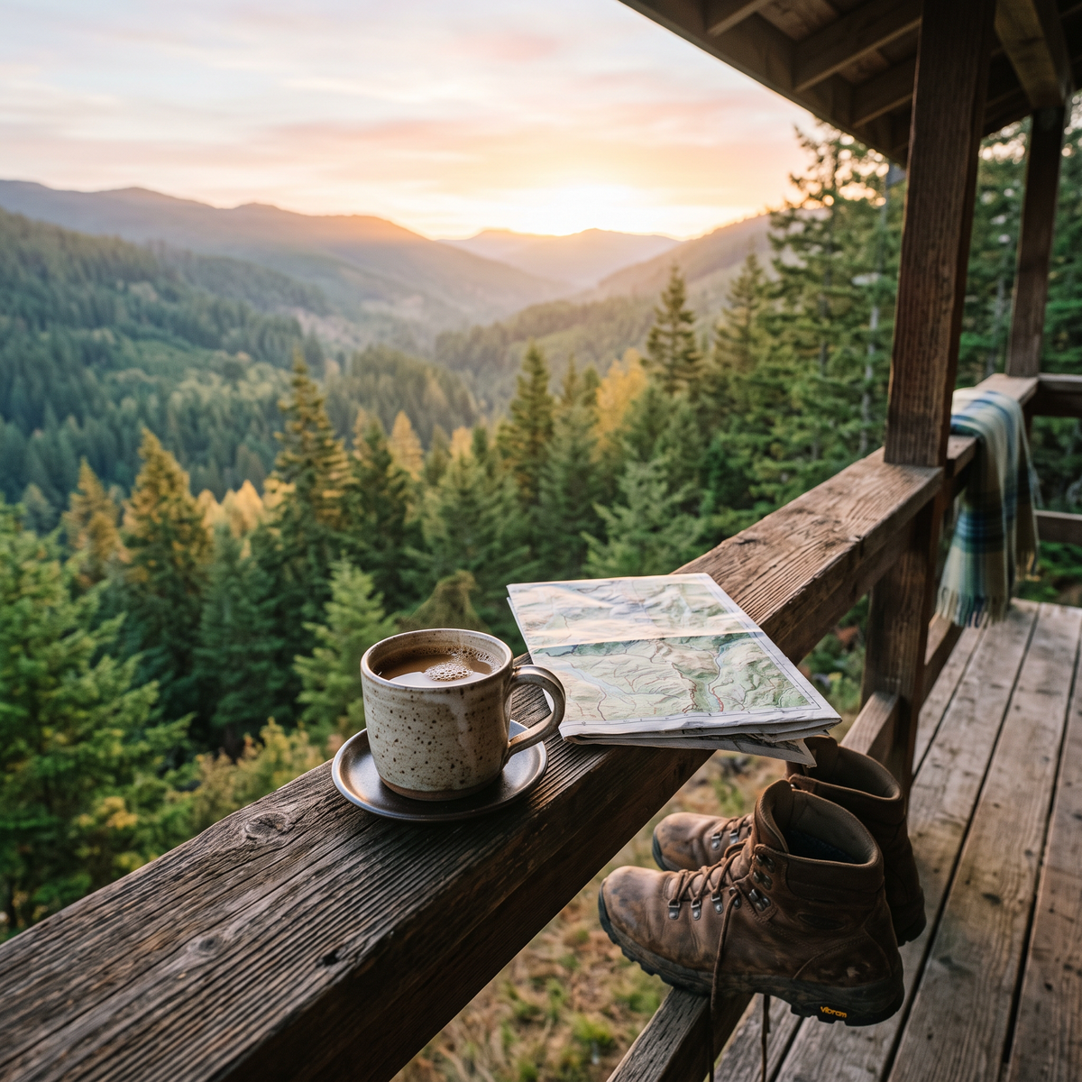 Morning coffee on a cabin porch with a trail map and hiking boots