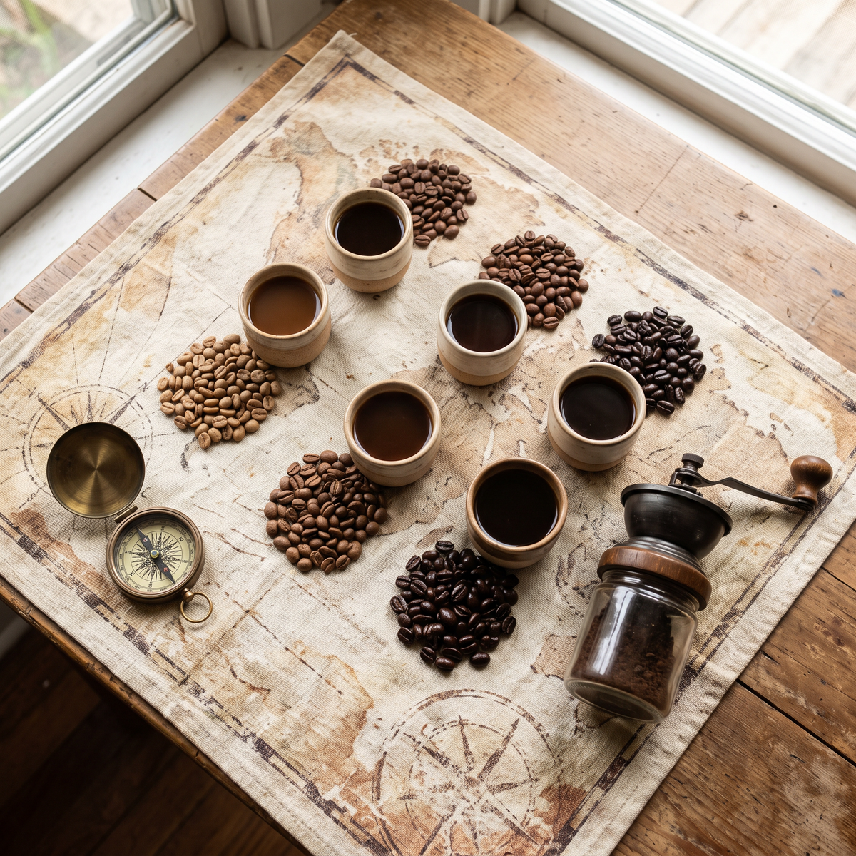 Six single origin coffees with tasting cups, a hand grinder and a compass