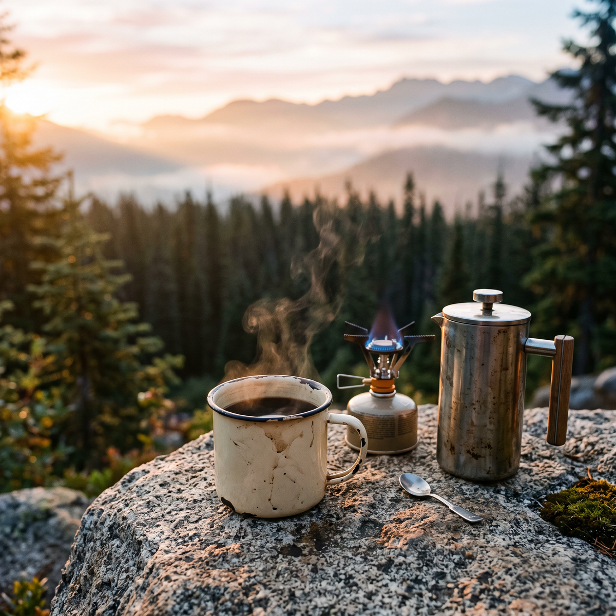 Dark roast coffee steaming in a camp mug on a granite boulder at dawn