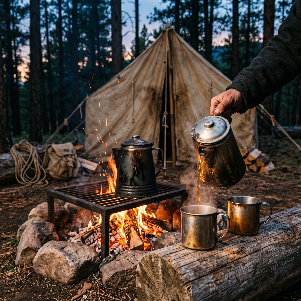 Campfire coffee pot pouring into tin cups at dusk
