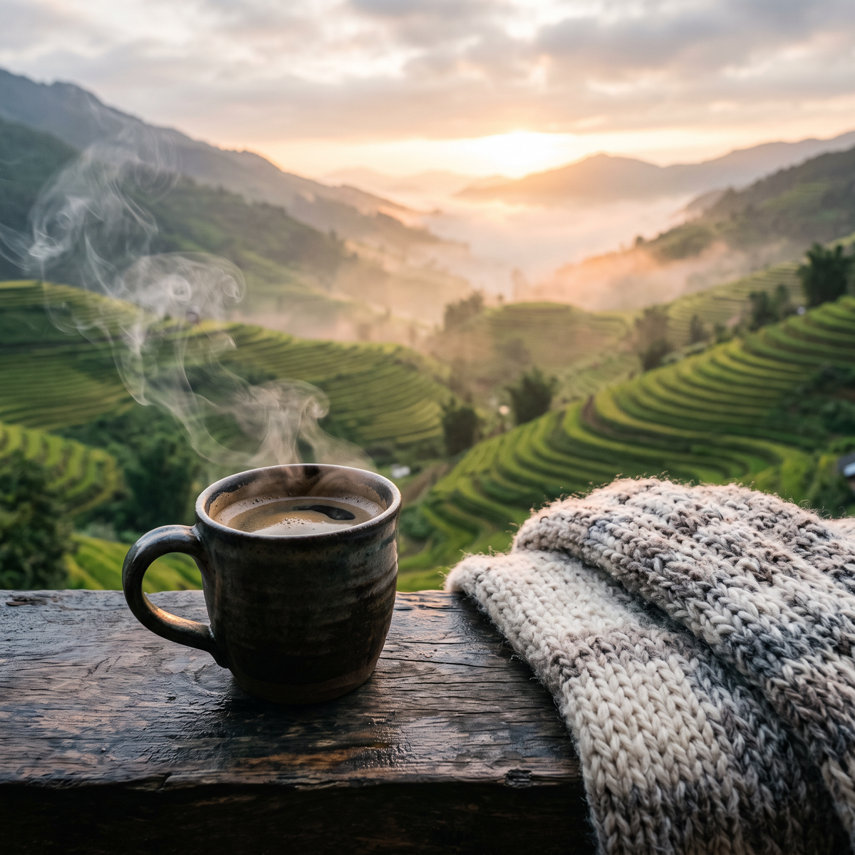 Steaming mug of coffee overlooking misty terraced hills at sunrise