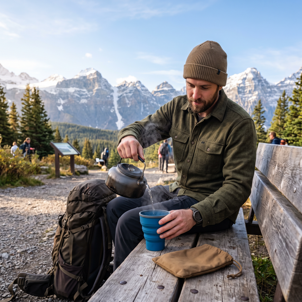 Pouring hot water for instant coffee at a mountain trailhead