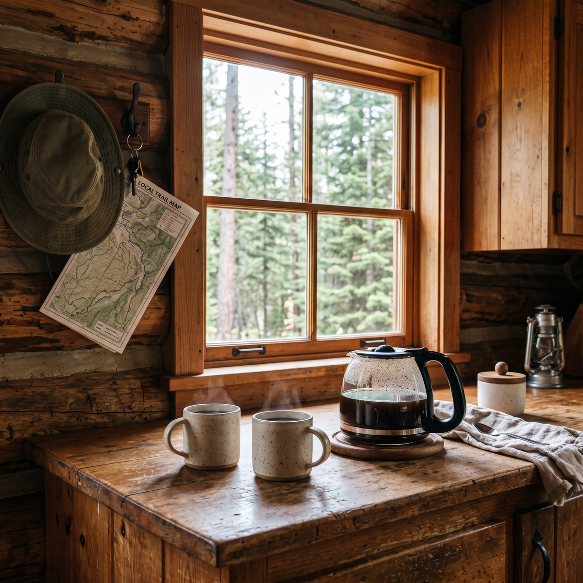 Drip coffee carafe and two mugs on a cabin kitchen counter