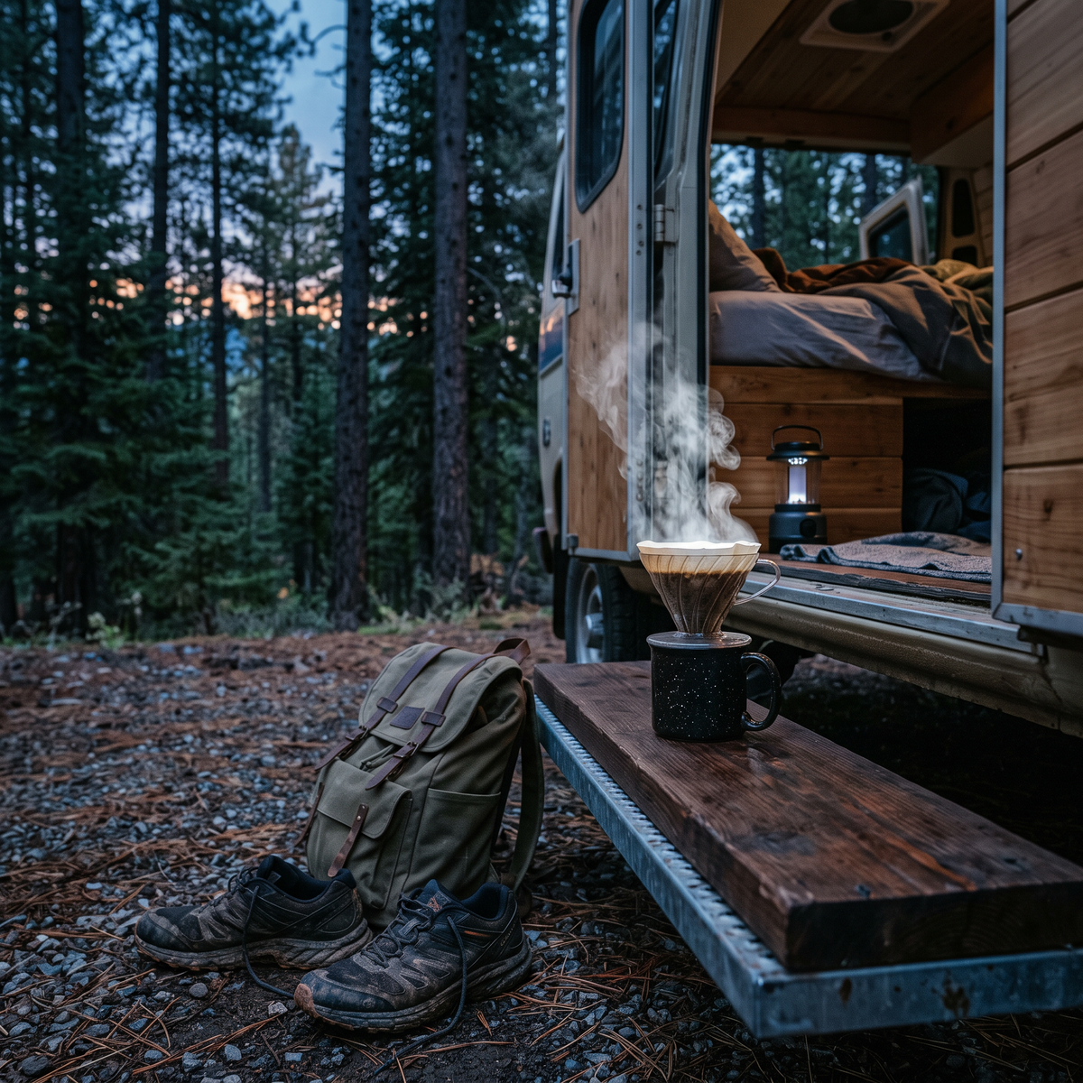 Pour-over coffee in a camper van doorway at dawn
