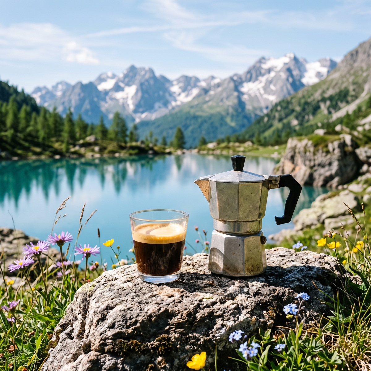 Espresso beside a stovetop maker on a rock by an alpine lake