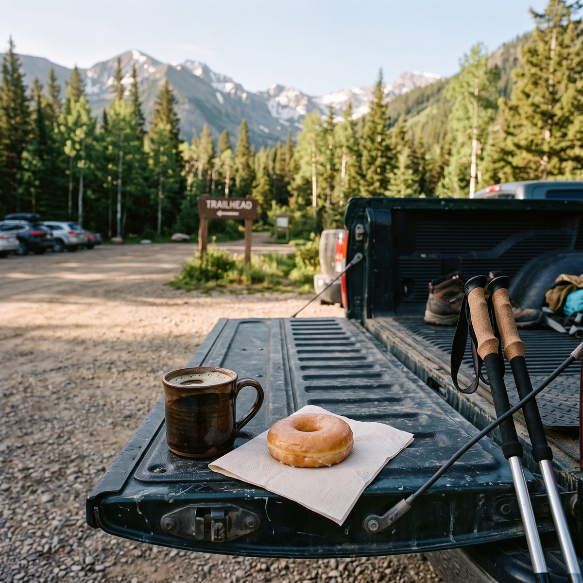 Coffee and a glazed donut on a truck tailgate at the trailhead