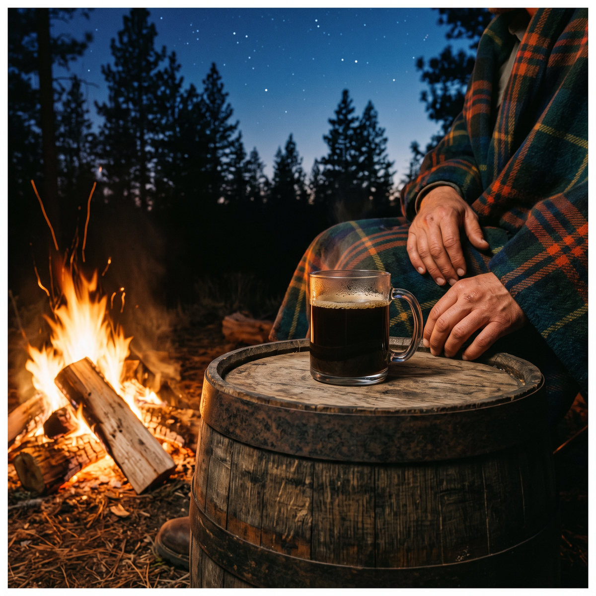 Coffee resting on an oak barrel lid by the campfire