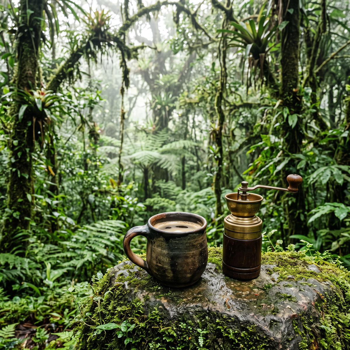 Clay mug of coffee on a mossy stone in a misty cloud forest