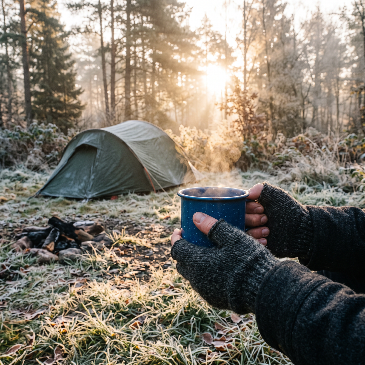 Gloved hands holding a steaming enamel mug on a frosty camp morning