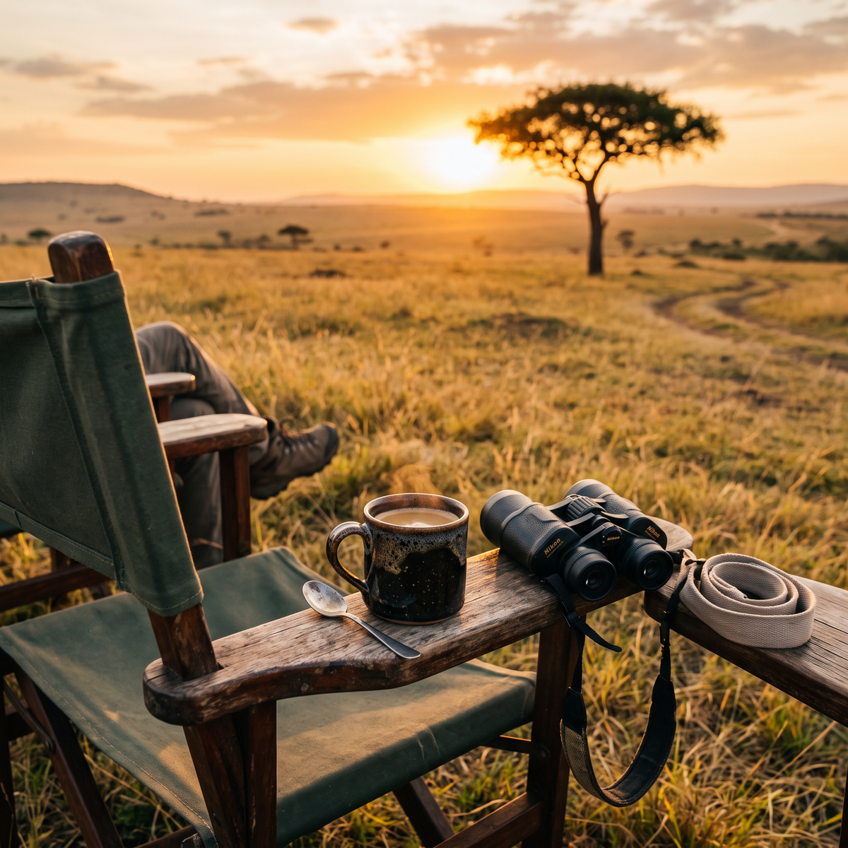 Cup of coffee on a camp chair at golden hour on open grassland