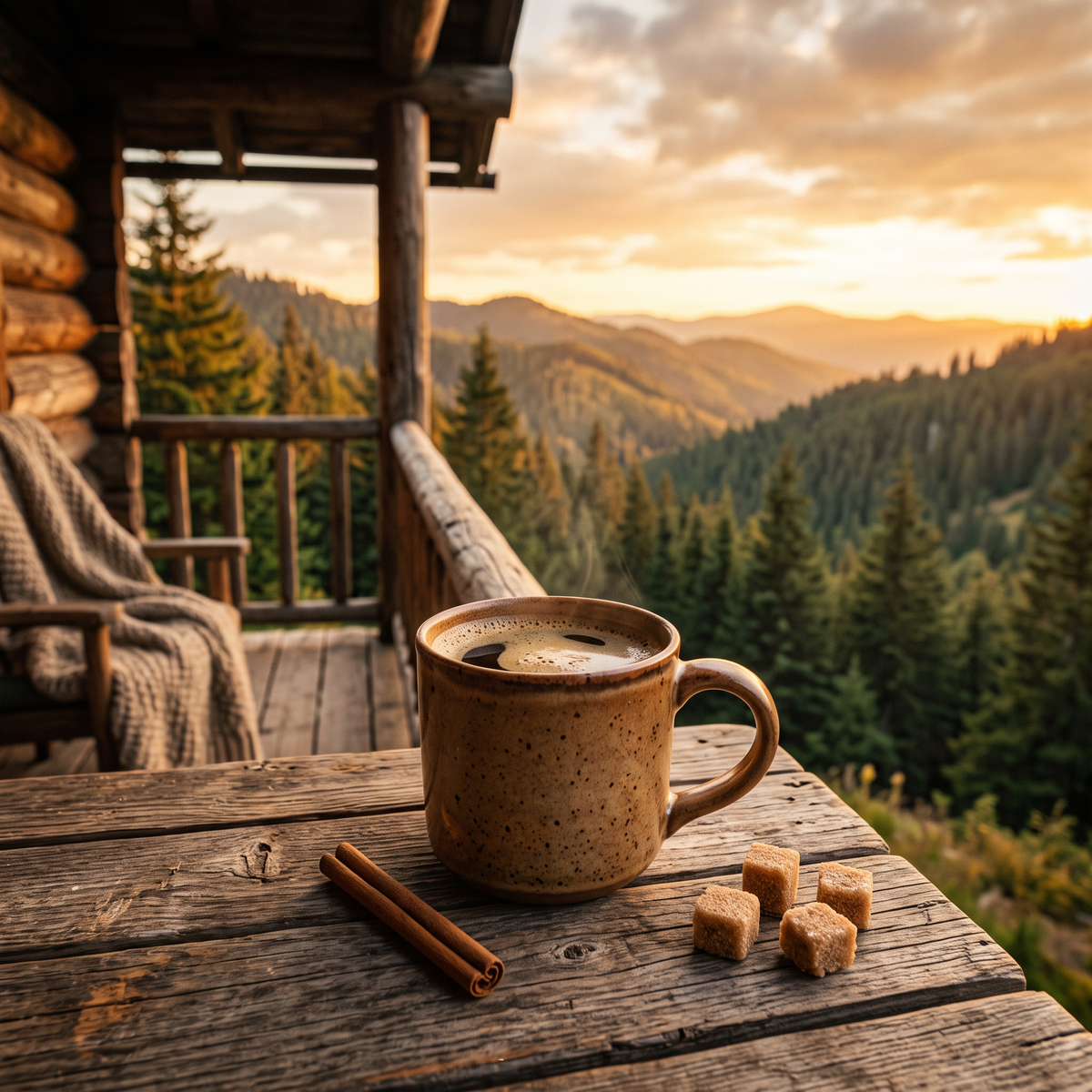 Mug of coffee with cinnamon and brown sugar on a cabin porch