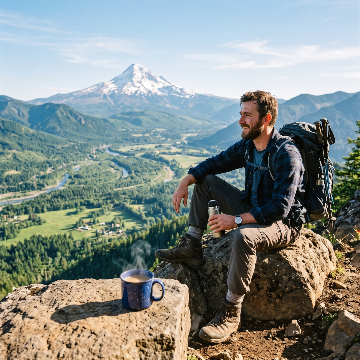 Mug of coffee on a boulder with a volcano view