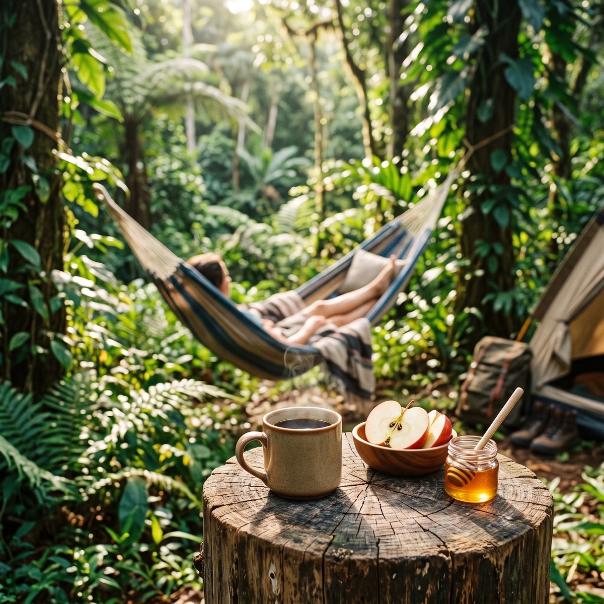 Mug of coffee with apple and honey at a jungle-edge campsite