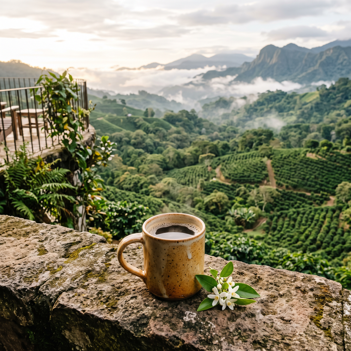 Mug of coffee overlooking green coffee hills