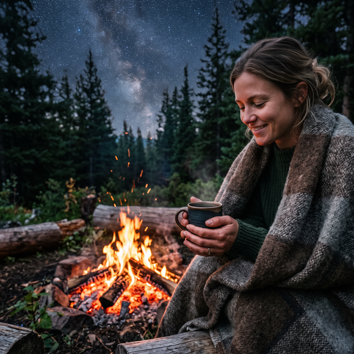 Mug of coffee held in a wool blanket by an evening campfire