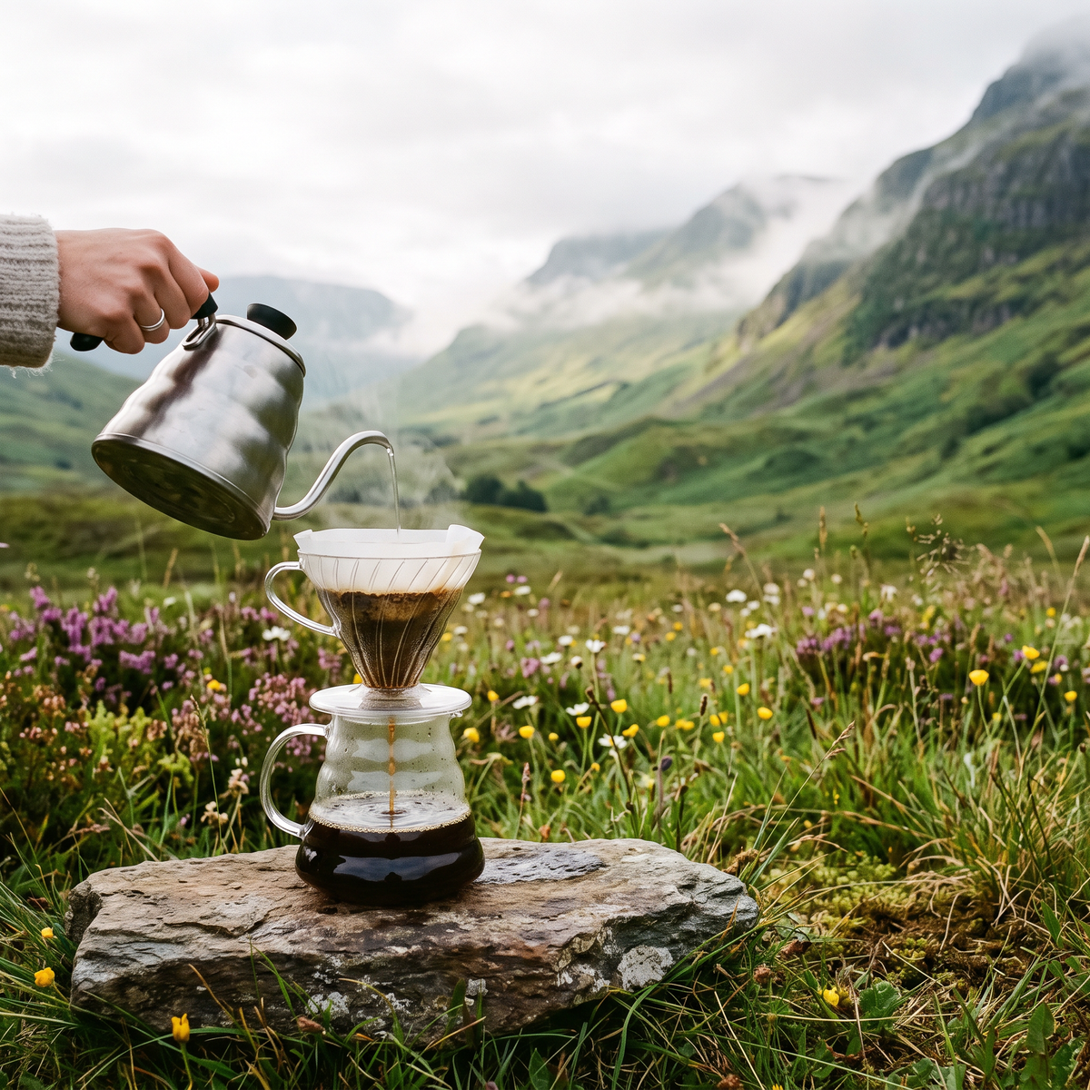 Pour-over coffee brewing in a highland meadow