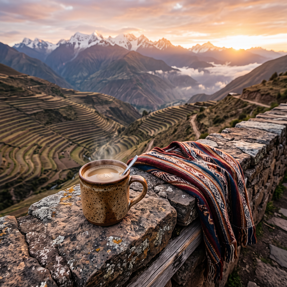 Mug of coffee on a stone wall high in the mountains at sunrise