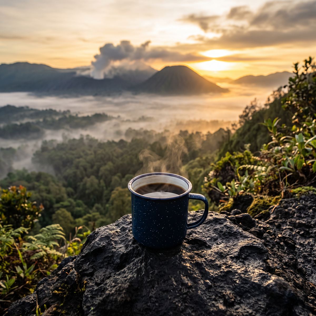 Steaming mug of coffee on volcanic rock at sunrise