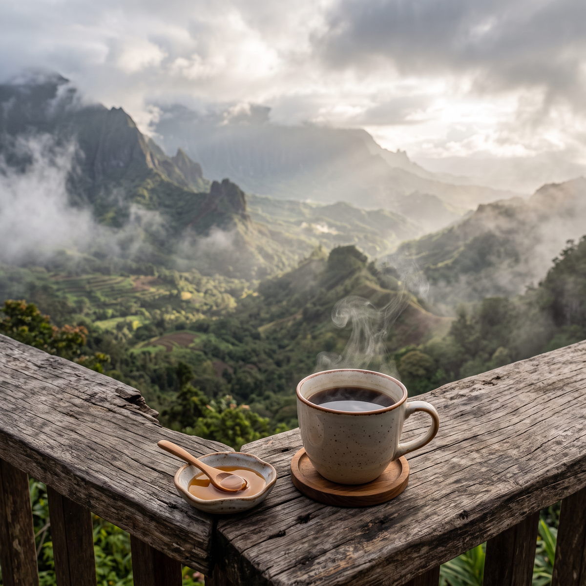 Cup of coffee with honey above a misty highland valley