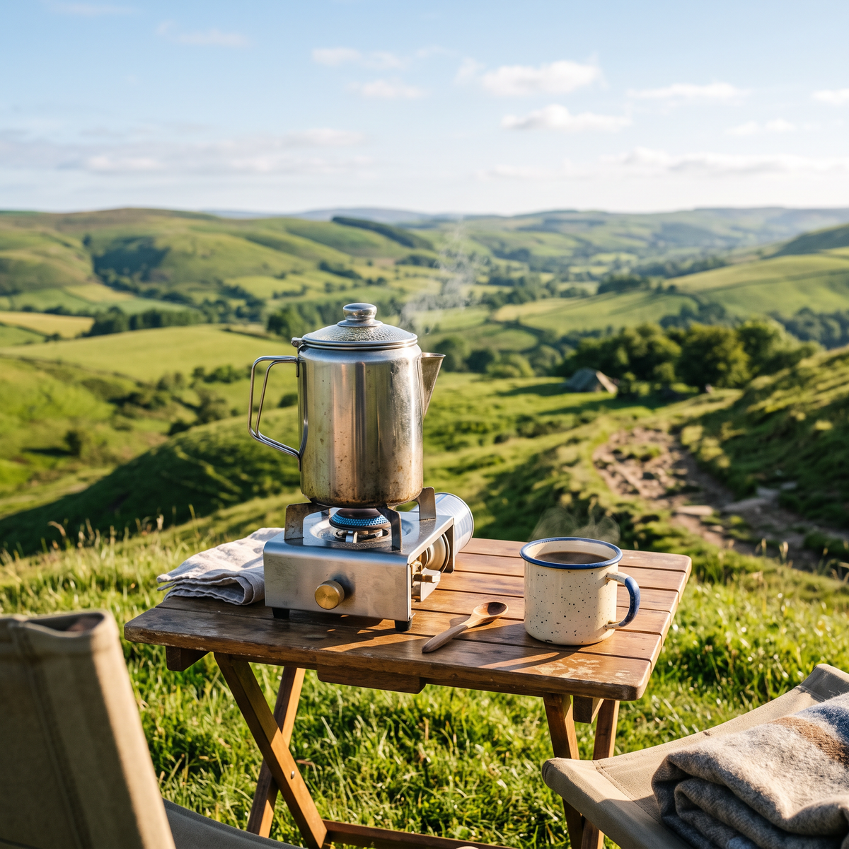 Camp percolator and mug of coffee on a folding table