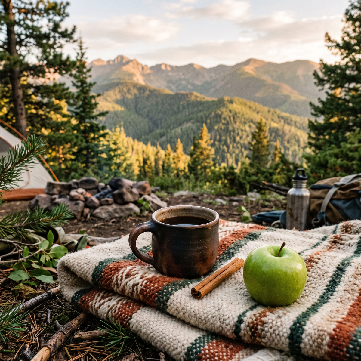 Clay mug of coffee with cinnamon and green apple at camp