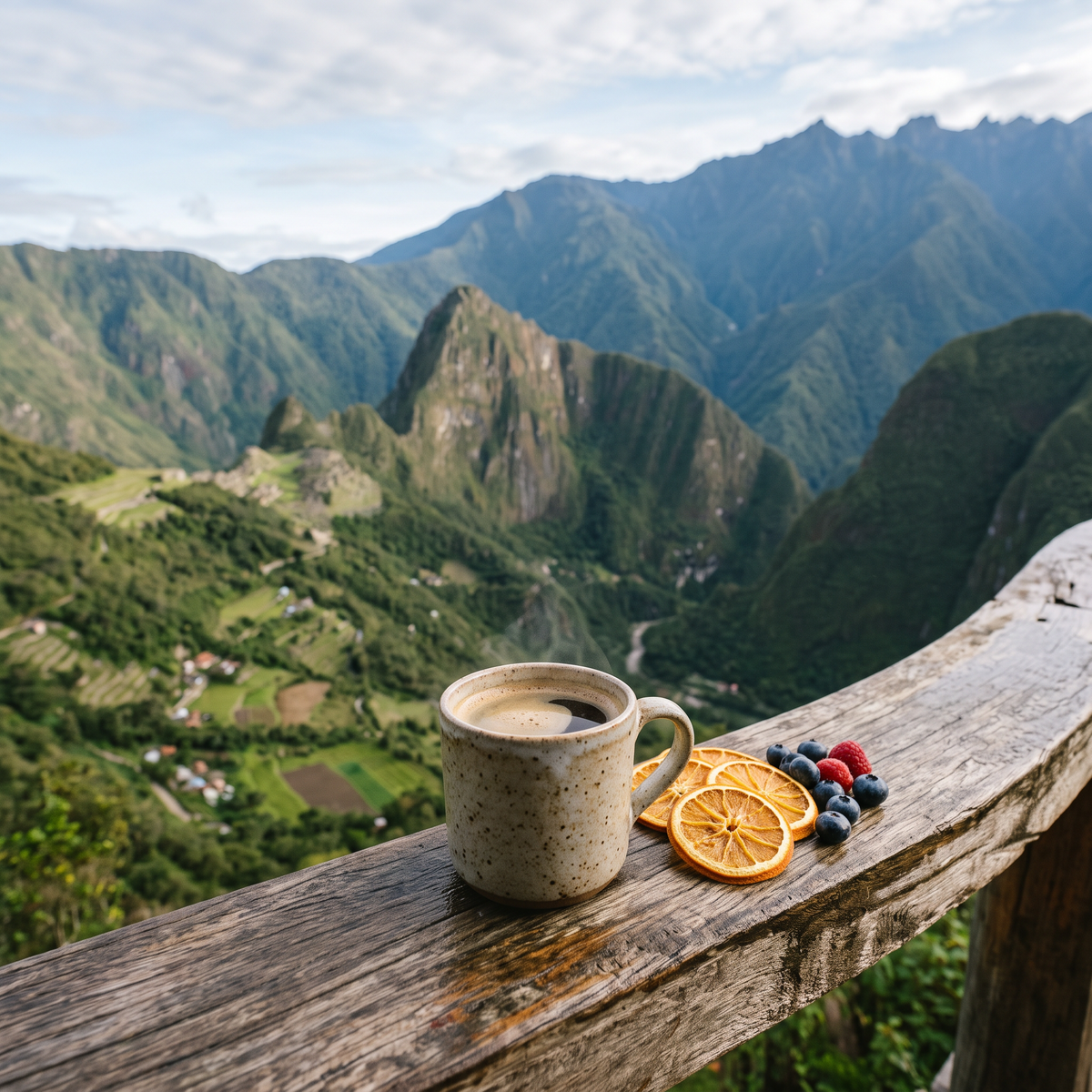 Cup of coffee with dried orange and berries above green mountains