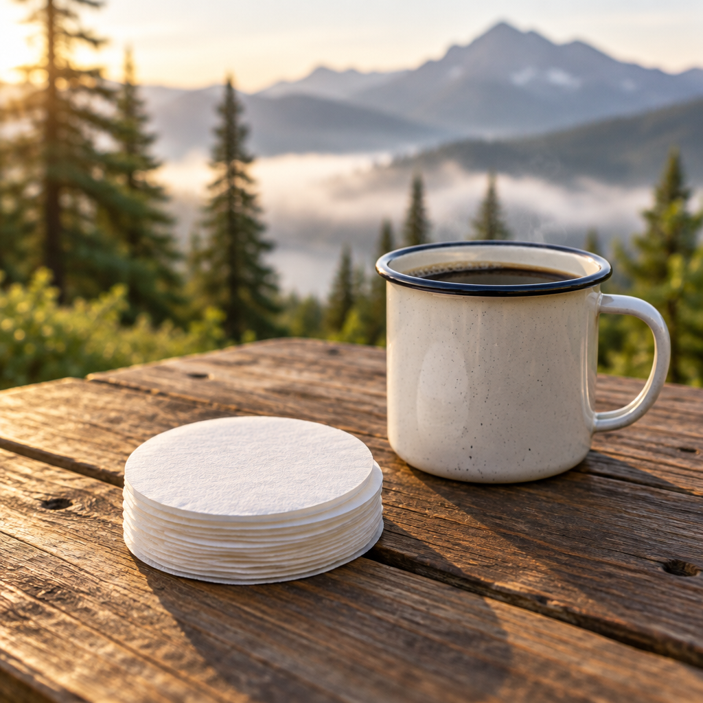 White paper coffee filters beside a camp mug on a wooden table outdoors