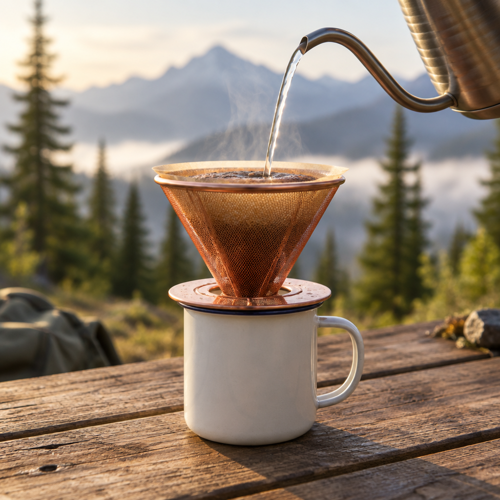 Pour-over cone on a camp mug with hot water being poured, outdoors