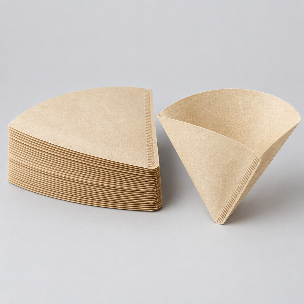 Stack of unbleached fan-shaped paper coffee filters