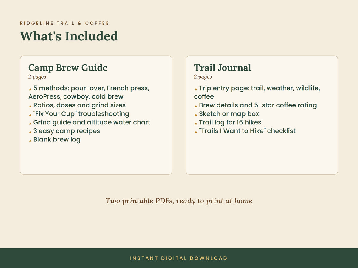 Camp Coffee Printable Bundle | Brew Guide + Hiking Trail Journal