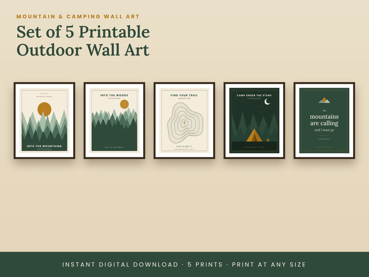Mountain Wall Art Set of 5 | Printable Camping & Cabin Prints