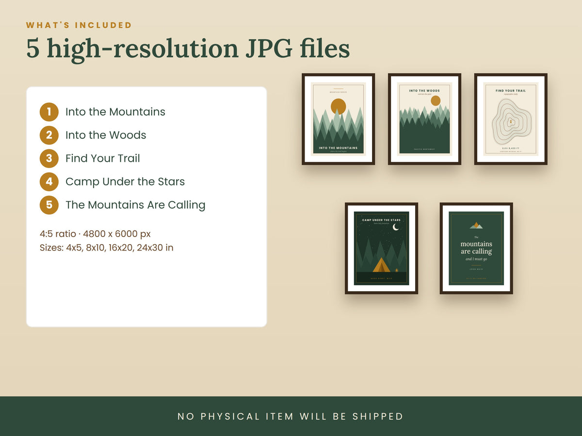 Mountain Wall Art Set of 5 | Printable Camping & Cabin Prints
